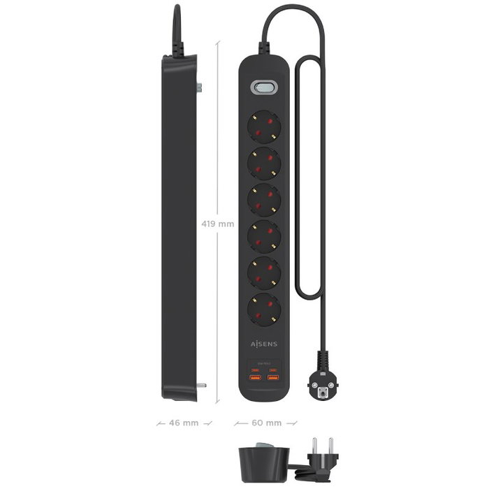 Aisens Regleta de 6 Tomas con Cargador USB 20W (2xUSB-C, 2xUSB-A), Negro ASPS-2A2C17-BK Aisens Regleta de 6 Tomas con Cargador USB 20W (2xUSB-C, 2xUSB-A), Negro ASPS-2A2C17-BK